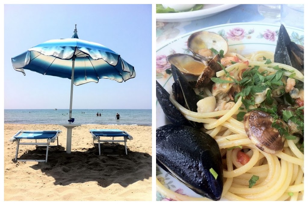 Our umbrella. And our lunch: spaghetti con frutti di mare. 